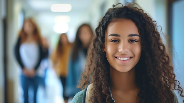 Ein glückliches Teenager-Mädchen im Flur der Highschool, das in die Kamera schaut, ihre Freunde sind in der Generativen KI.