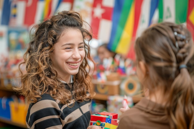 Ein glückliches Teenager-Mädchen lächelt mit internationalen Flaggen im Hintergrund bei einem Kulturaustauschprogramm