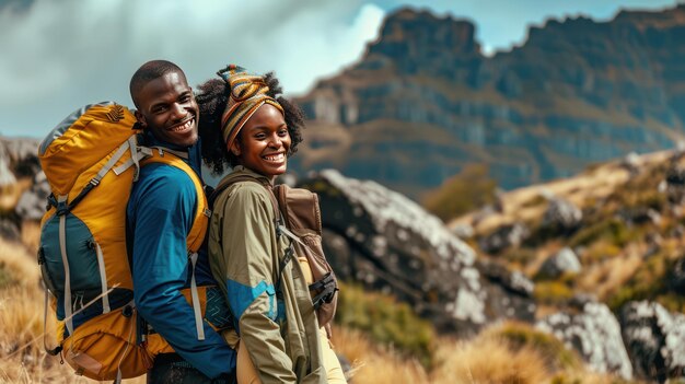 Foto ein glückliches und romantisches paar, das zusammen in der natur reist ein vollständiges bild eines jungen afrikanischen paares wandern trekking in den bergen fotos für werbung