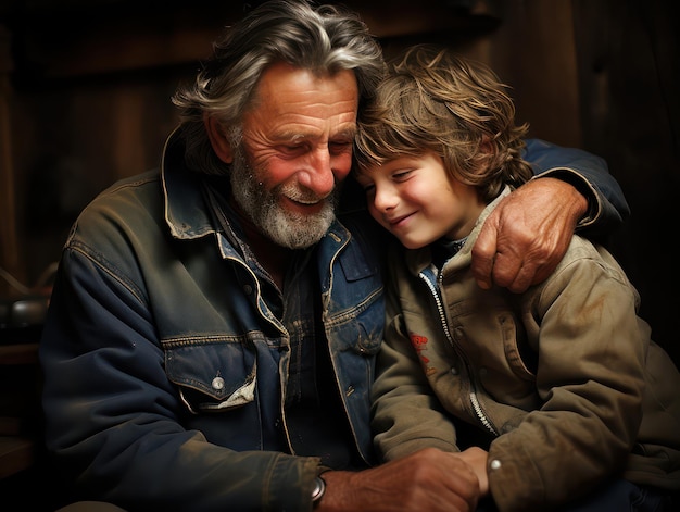 Foto ein glückseliger vater, der sein kind umarmt, die freuden des lebens feiert und zu einem erfüllten leben inspiriert