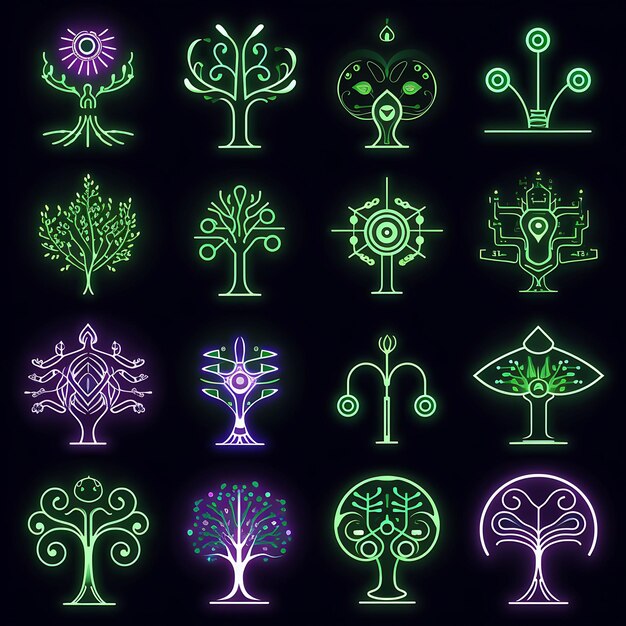 Ein Glyphen-Set, inspiriert vom Neon-Baum von L, Neon-Linien-Design, kreative Kunst, einfach und minimalistisch