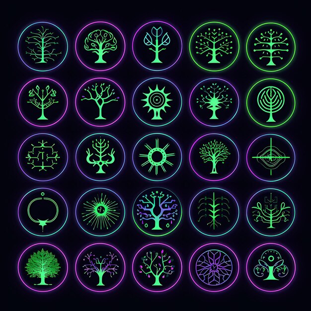 Ein Glyphen-Set, inspiriert vom Neon-Baum von L, Neon-Linien-Design, kreative Kunst, einfach und minimalistisch