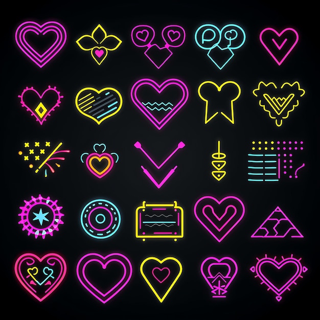 Ein Glyphen-Set, inspiriert vom Neon-Herz, Neo-Neon-Linien-Design, kreative Kunst, einfach und minimalistisch