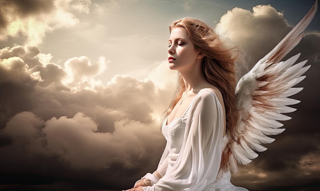 Ein göttlicher weiblicher Engel in einem weißen, fließenden Kleid im Himmel, der mit generativen KI-Tools kreiert