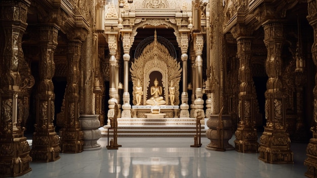 ein gold-weißer Tempel mit einer Statue in der Mitte.