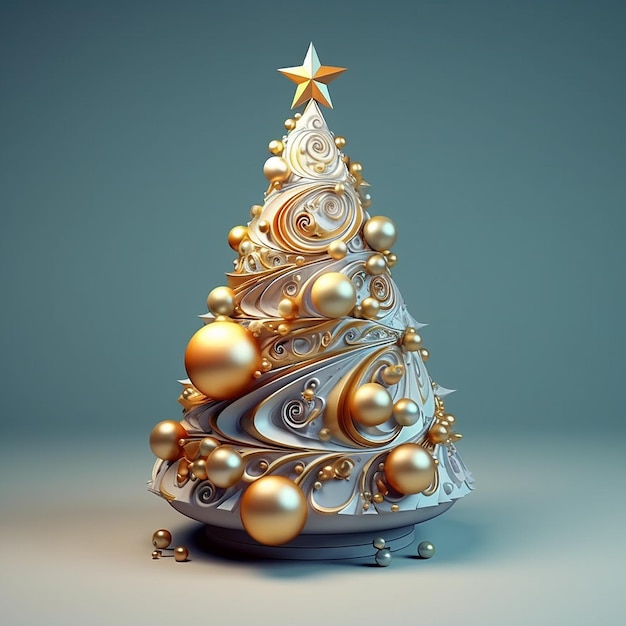 Ein gold-weißer Weihnachtsbaum mit einem Stern an der Spitze