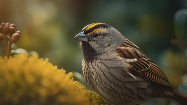 Ein golden gekrönter Spatz posiert für sein Porträt zum Weltsperlingstag-Konzept „Generative KI“.