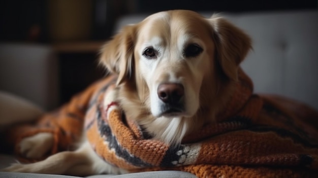 Ein Golden Retriever-Hund, eingewickelt in eine Decke