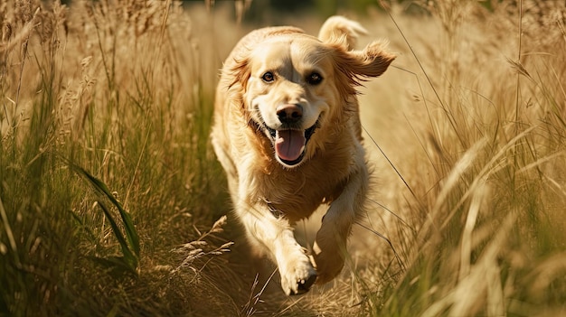 Ein Golden Retriever-Hund läuft durch hohes Gras.