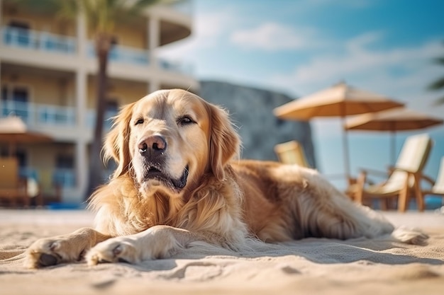 Ein Golden Retriever Hund liegt am Strand