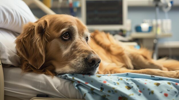 Ein Golden Retriever-Hund liegt auf einem Krankenhausbett. Der Hund sieht traurig aus und scheint Schmerzen zu haben. Im Hintergrund ist ein Herzmonitor.