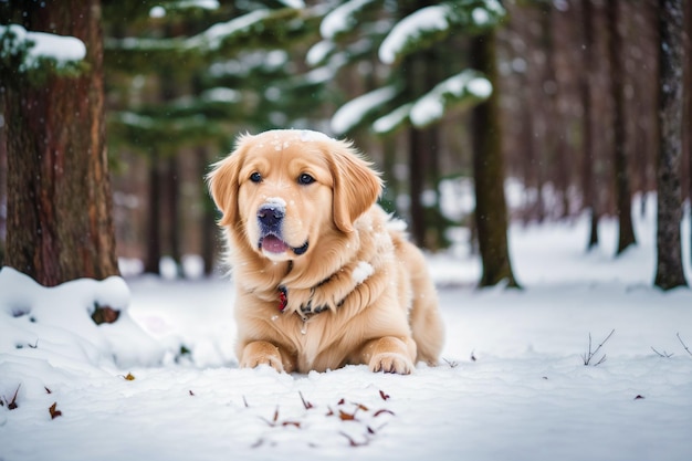 Ein Golden Retriever Hund liegt im Schnee