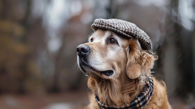 Ein Golden Retriever-Hund mit einer Tweed-Mütze und einem Schal blickt von der Kamera weg. Der Hund ist im Fokus und der Hintergrund ist verschwommen.