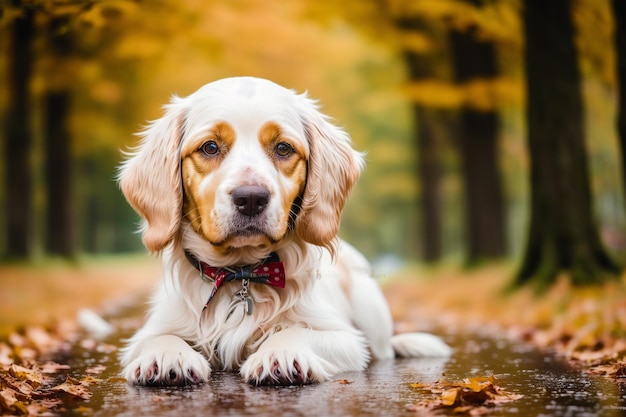 Ein Golden Retriever Hund mit rotem Halsband sitzt im Herbst in einer Pfütze.