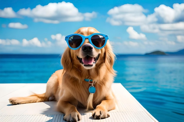 Ein Golden Retriever-Hund mit Sonnenbrille sitzt auf einem Steg vor einem Gewässer.