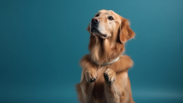 Ein Golden Retriever Hund sitzt auf seinen Vorderpfoten vor blauem Hintergrund.