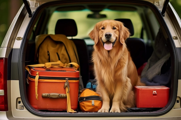 Ein Golden Retriever-Hund sitzt im Kofferraum eines Autos und ist bereit für eine Fahrt. Generative Ai