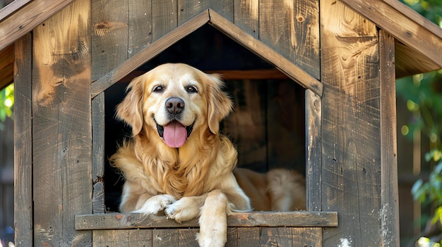 Foto ein golden retriever-hund sitzt in einem hölzernen hundeshaus. der hund schaut aus dem fenster und hat einen glücklichen ausdruck auf seinem gesicht.