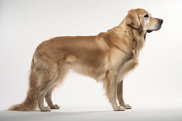 Ein Golden Retriever Hund steht vor einem weißen Hintergrund.