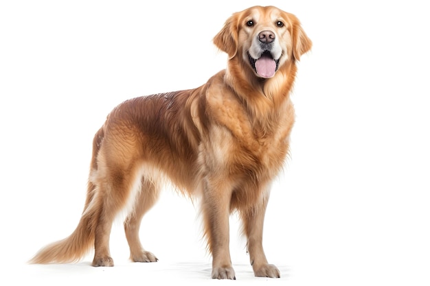 Ein Golden Retriever Hund steht vor einem weißen Hintergrund.