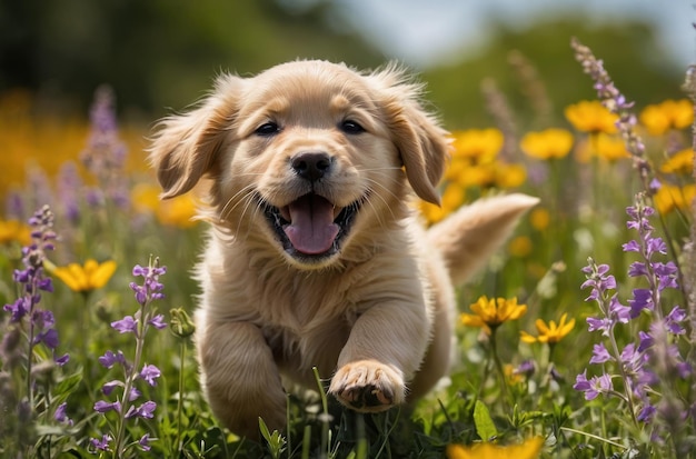 Ein Golden Retriever-Hundchen liegt unter Blumen