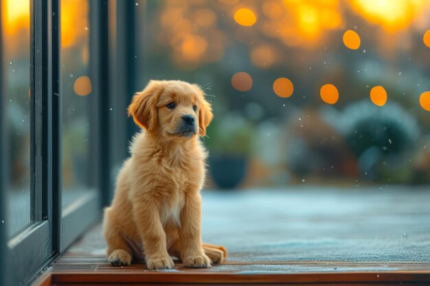 Ein Golden Retriever-Hundchen starrt aus dem Fenster