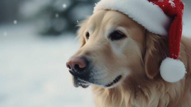 Ein Golden Retriever mit Weihnachtsmütze sitzt im Schnee.