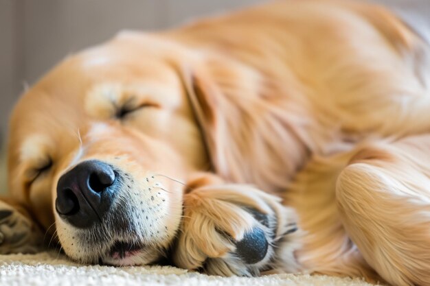 Foto ein golden retriever schläft mit geschlossenen augen auf einem teppich.