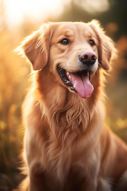 Ein Golden Retriever sitzt auf einem Feld