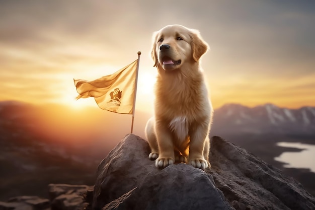 Ein Golden Retriever sitzt auf einem Felsen mit einer Flagge, auf der Golden Retriever steht.