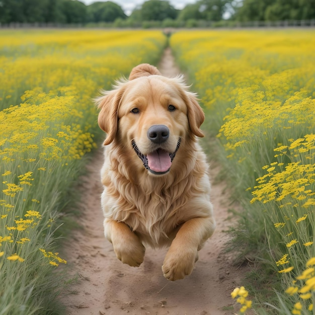 Foto ein golden retriever springt durch ein feld von wildblumen