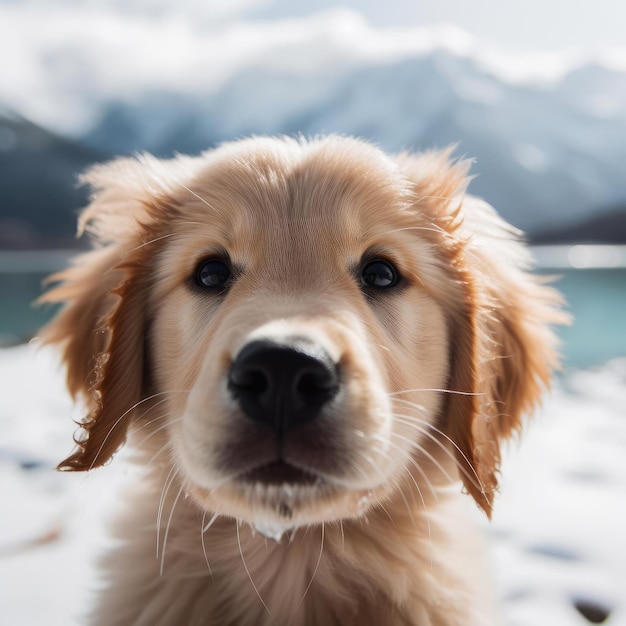 Ein Golden Retriever Welpe mit einem schneebedeckten Berg im Hintergrund.