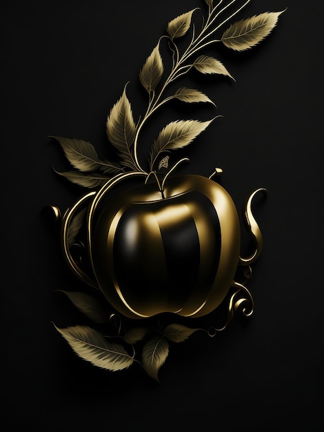 Ein goldener Apfel mit Blättern und einem Zweig mit dem Wort Apfel darauf