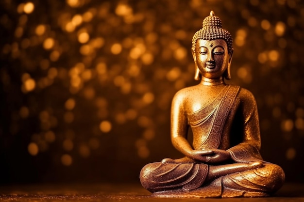 Ein goldener Buddha sitzt vor einem goldenen Hintergrund.