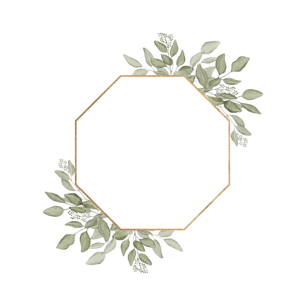 Ein goldener diamantförmiger Rahmen, der von grünen Eukalyptusblättern auf einem weißen isolierten Hintergrund eingerahmt ist