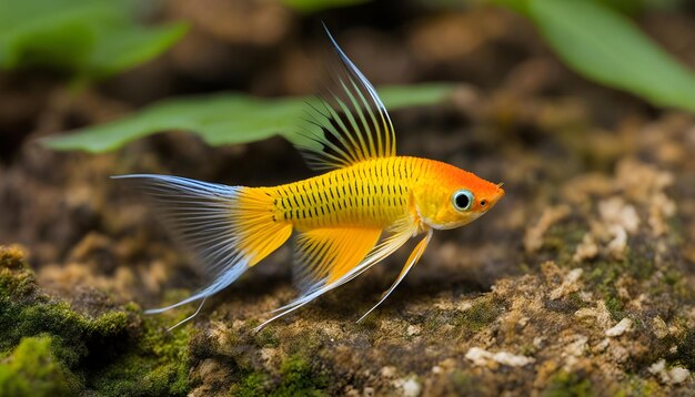 Foto ein goldener fisch mit einem schwarzen streifen sitzt auf einem felsen