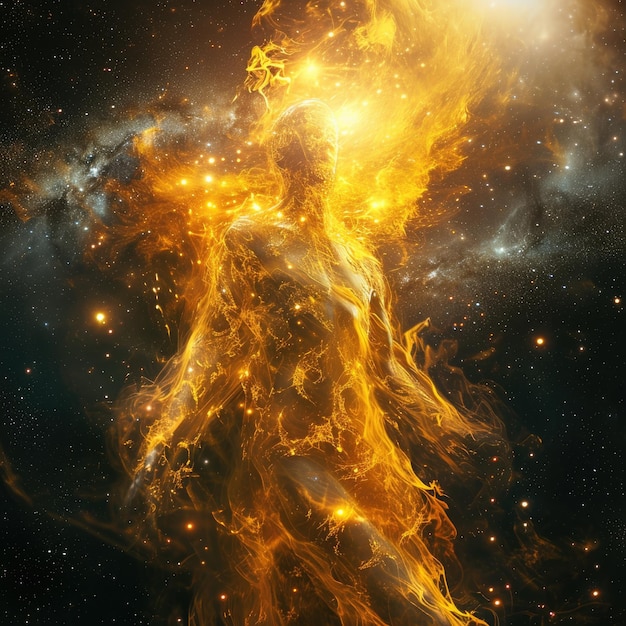 Ein goldener gesichtsloser Gott aus Sternenlicht und Sonnenfeuer im Weltraum fliegt einen Nebel Akzentbeleuchtung stilisieren 50 v 6 Job ID 5a9527fbbfc44db5935aa6489e797dc3
