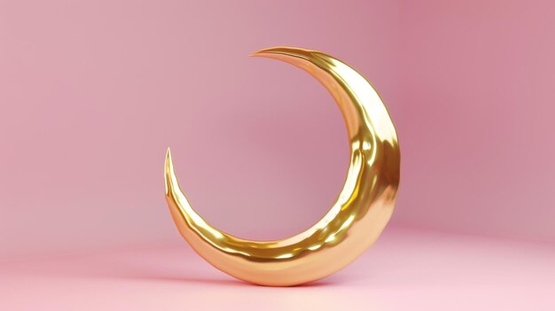 Ein goldener Halbmond, der auf einem rosa Hintergrund isoliert ist. Ein Element, das für religiöse magische Dekorationen des Islam geeignet ist.