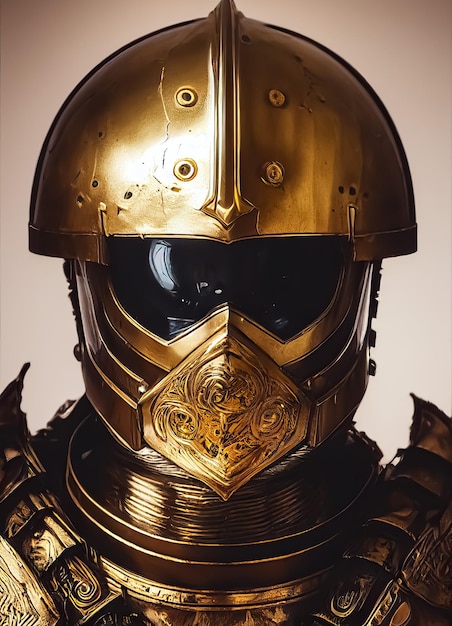 Ein goldener Helm mit einer Gesichtsmaske und dem Wort „Ninja“ darauf.
