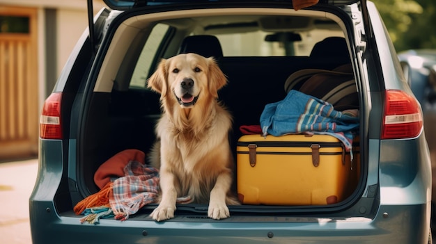 Ein goldener Hund sitzt im Kofferraum eines Autos