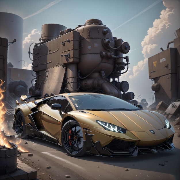 Ein goldener Lamborghini, der in Flammen steht, mit einem großen Tank im Hintergrund.