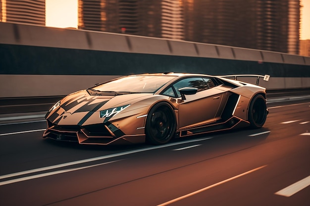 Ein goldener Lamborghini fährt auf einer Autobahn.