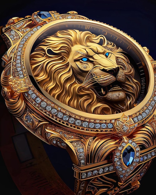 Ein goldener Löwe mit blauen Augen ist von Diamanten umgeben.