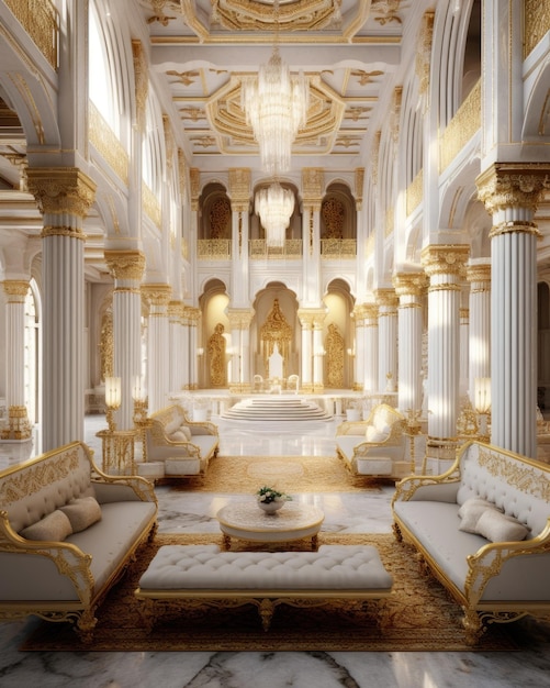 Ein goldener Luxuspalast mit weißem Marmor und Möbeln im Inneren von Generative AI