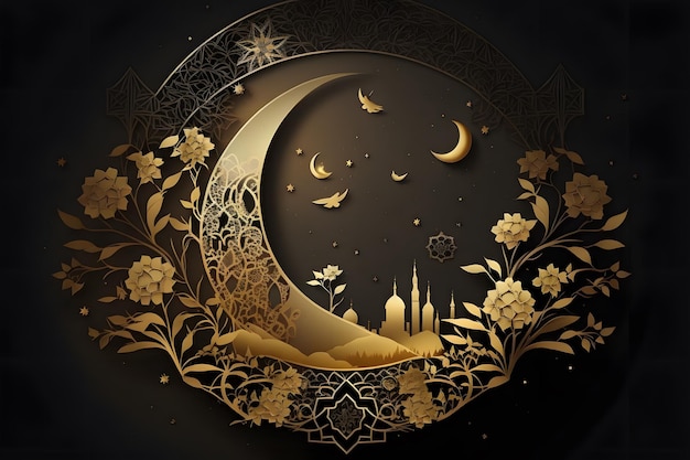 Ein goldener Mond und Blumen mit einem Bild eines Mondes und den Wörtern Dubai darauf.