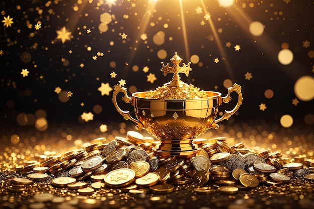 Ein goldener Pokal mit einer Krone, der auf einem goldenen Platz voller Münzen steht. Das Konzept eines Gewinners, Reichtum und Erfolg