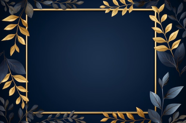 Ein goldener quadratischer Rahmen, geschmückt mit blauen Blättern inmitten einer Navy-Blauen Leinwand ar 3