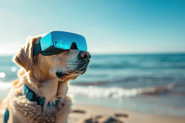 Ein goldener Retriever-Hund mit blauer Sonnenbrille sitzt am Strand