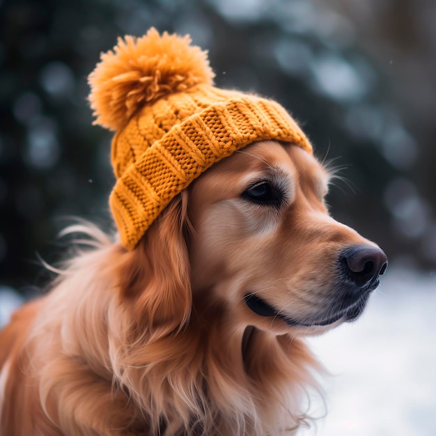 Ein goldener Retriever-Hund trägt einen gestrickten Hut und steht im Schnee