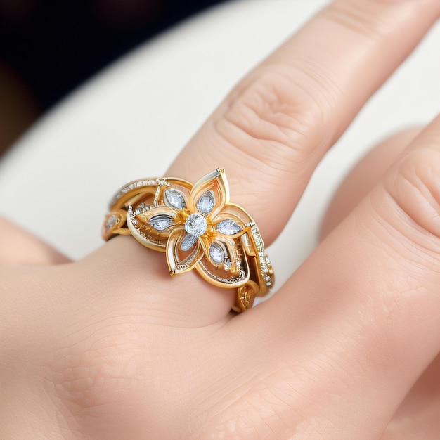 Ein goldener Ring mit blauen und weißen Diamanten und einer Blume mit einem Schmetterling darauf.